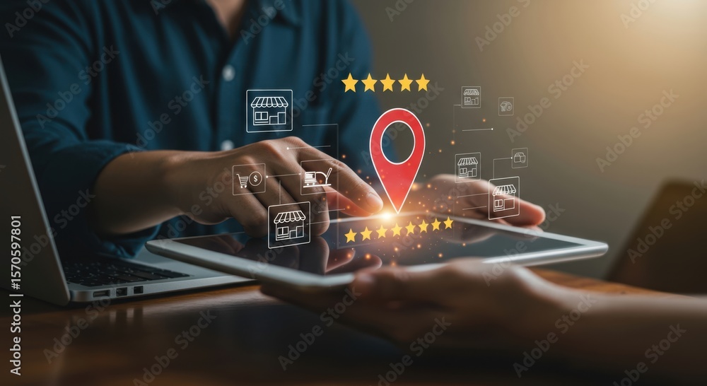 Poster customer interacting with a tablet displaying a digital interface with a location pin and star ratin