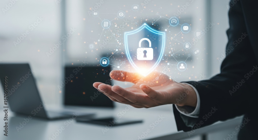 Poster digital security concept a hand presents a glowing shield with a lock symbol and network connections