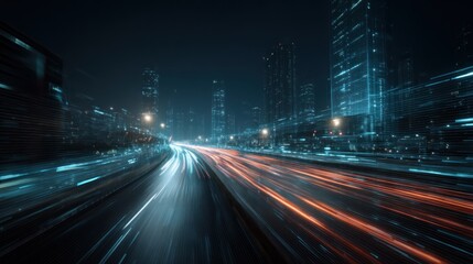 Fast motion highway in a modern city at night