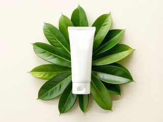 Natural beauty product presentation with blank white tube and lush green leaves