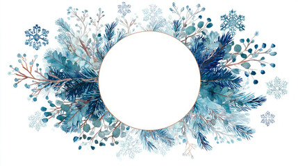 Cold winter-themed round frame of watercolor pine and snowflakes