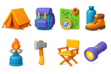 3d camping icons illustration: adventure equipment collection for outdoor fun design