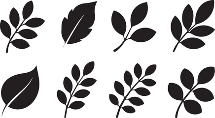 Collection of black leafy branches and single leaves silhouette isolated on white background
