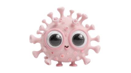 pink virus-like cartoon characters with fuzzy textures and large expressive eyes on clean backgrounds