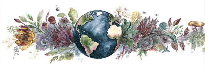 Earth in watercolor surrounded by native flora from different regions