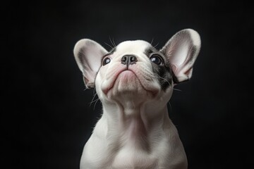 Cute French Bulldog puppy with a playful expression, sitting on a table beneath soft lighting against a black background
