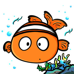 Cute clownfish near coral cartoon illustration