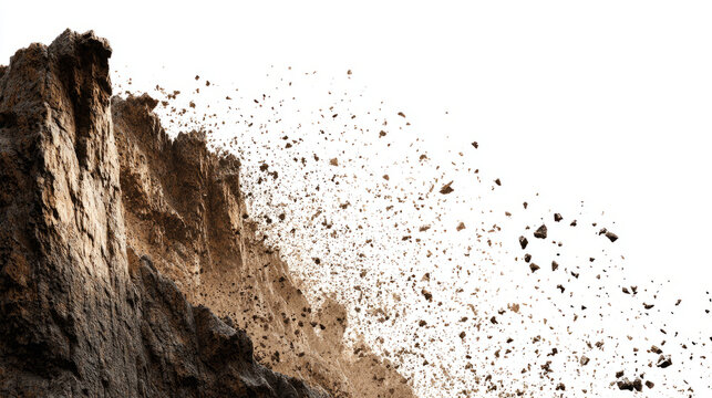 cliff fragments falling off a mountain minimal on white