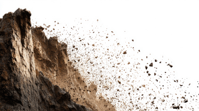 cliff fragments falling off a mountain minimal on white
