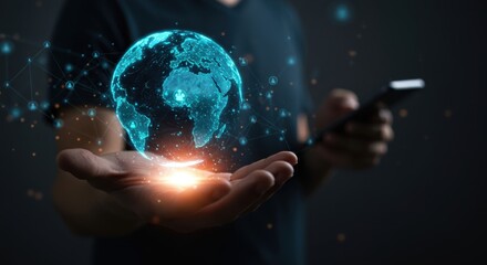 Futuristic digital globe held in hand connects to global network of people and technology