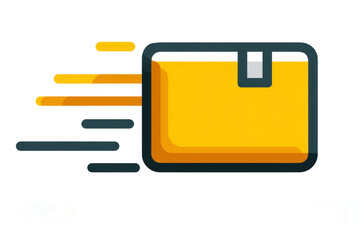 fast delivery icon with flying package and motion lines, white background