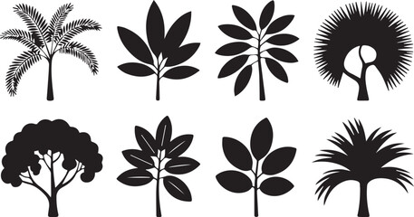 Collection of diverse tree and leaf silhouettes isolated on white background silhouette