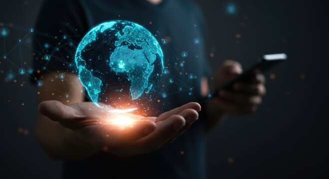 Futuristic digital globe held in hand connects to global network of people and technology
