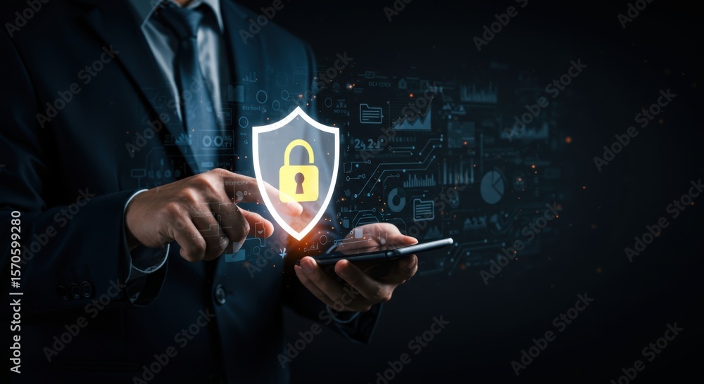 Poster businessman interacts with digital security shield and data analytics interface on smartphone for cy