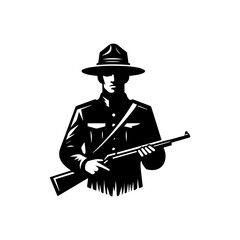 A stoic park ranger, in uniform and hat, stands holding a rifle.