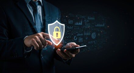 Businessman interacts with digital security shield and data analytics interface on smartphone for cybersecurity protection