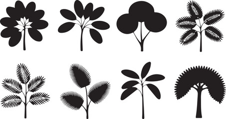 Collection of eight stylized tree silhouettes isolated on white background
