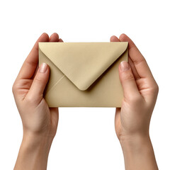 Fototapeta premium Hands holding a beige envelope isolated on white