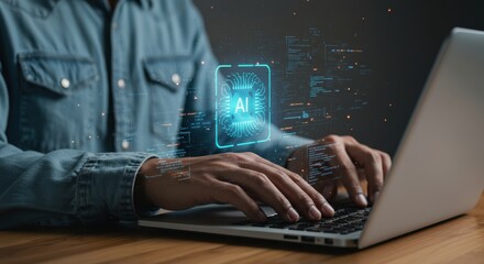 Person using a laptop with a glowing ai chip interface and futuristic data visualizations overlayed