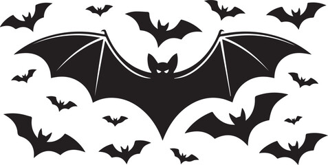 Collection of flying black bats silhouette isolated on white background