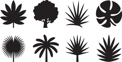Collection of tropical plant and tree silhouettes isolated on white background