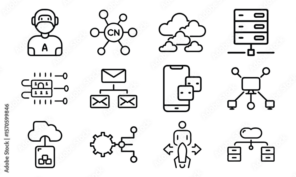 Poster modern technology and data security icon set featuring cloud computing and network communication