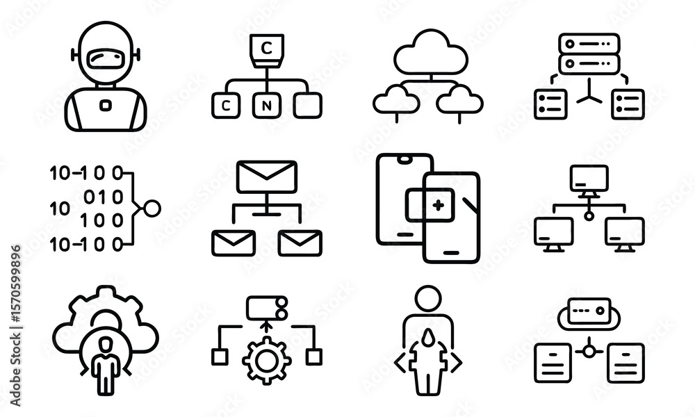 Poster black and white outline icons illustrating technology and data cloud computing concepts