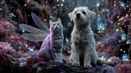 Enchanted cat and dog with luminous wings and cosmic fur in twilight forest