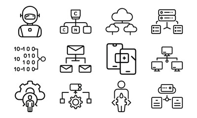 Fototapeta premium Black and white outline icons illustrating technology and data cloud computing concepts