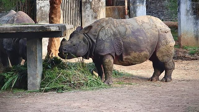  Indian Rhinoceros Calmly Eating Grass Inside Captive Zoo Setting.
