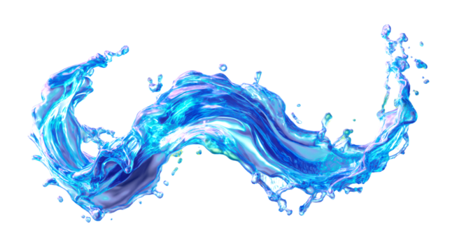 Liquid arc flying mid-air, dynamic perspective, blue transparent glow