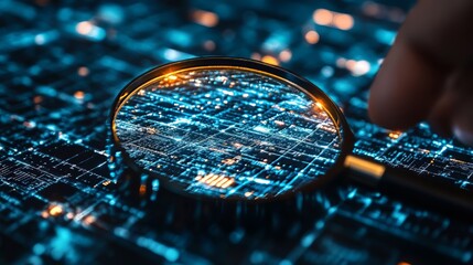 Asset management concept: Digital asset business management system for business investment and banking payment technology. Person using magnifying glass to focus on asset management icon.