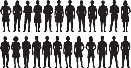 Diverse group of people silhouettes standing together isolated on white background silhouette