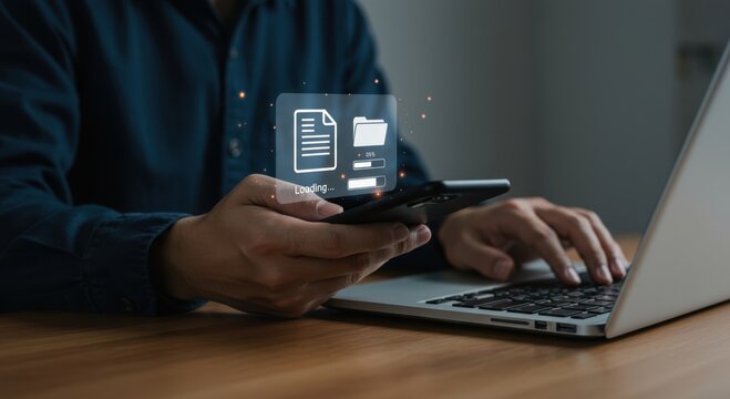 Person using smartphone and laptop with digital interface showing file loading progress and data transfer