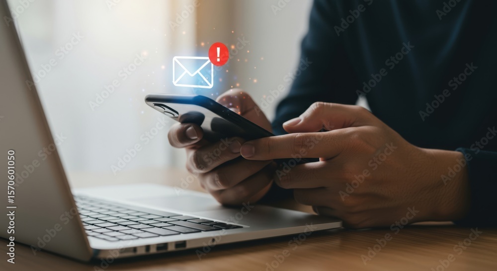 Poster person using a smartphone with an email notification icon and an exclamation mark next to a laptop