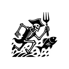 A skeletal pirate, running with a trident, pursuing a fish over stylized waves.