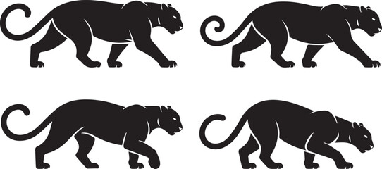Four black panther silhouettes in walking poses isolated on white background