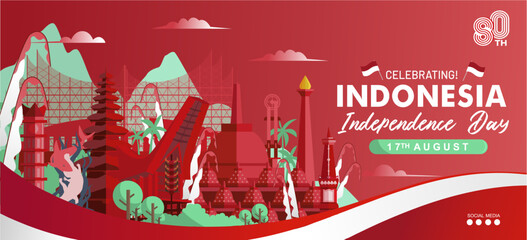 Red white vibrant 80th years Indonesia Independence day 2025 horizontal banner design with beautiful 3D Indonesian landmarks. Best for Dirgahayu RI 80 banner, background, poster, template, backdrop. 