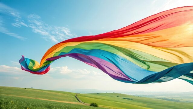 Vibrant rainbow fabric flowing gracefully across a bright blue sky above rolling green hills