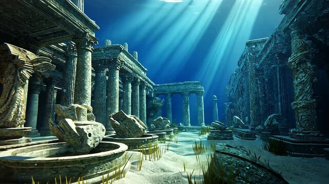 Underwater ruins of an ancient civilization illuminated by sunbeams, with marine life