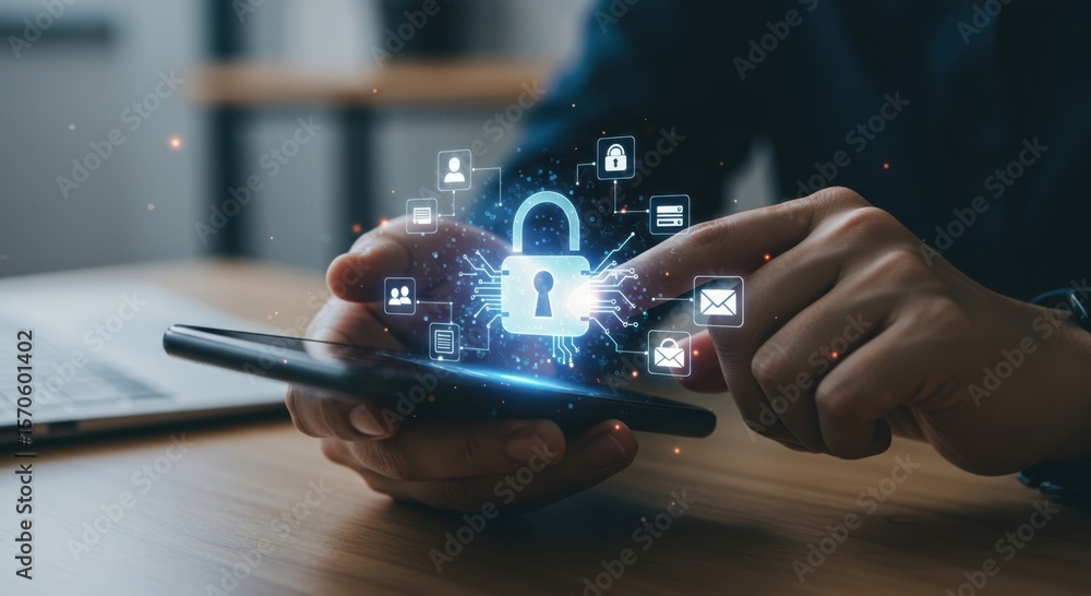 Aufkleber modern digital security concept with a glowing padlock and network icons displayed over a smartphone