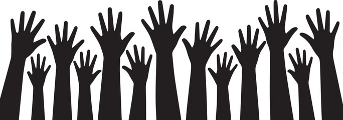 Many raised hands silhouette isolated on white background