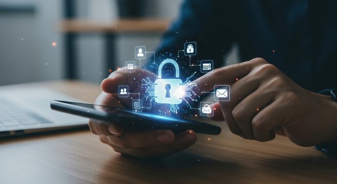 Modern digital security concept with a glowing padlock and network icons displayed over a smartphone being held by hands