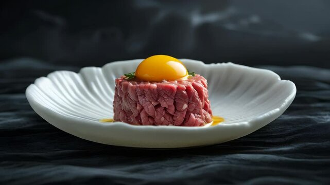 video of  gourmet beef steak tartare topped with a raw egg yolk, elegantly presented on a plate against a dark background &mdash; a rich, bold dish that highlights refined taste and culinary artistry