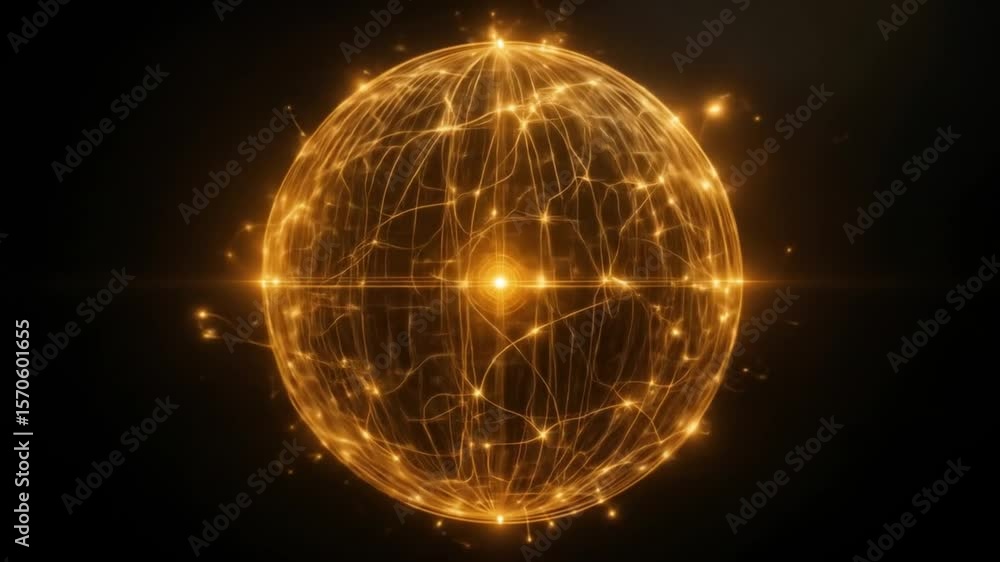 Poster golden glowing sphere with connected network: abstract technology and data concept