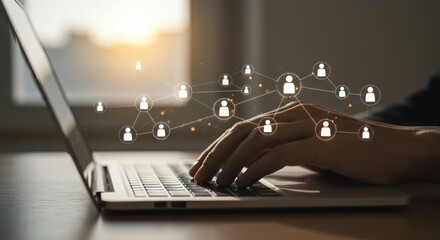 Person typing on a laptop with a glowing network of people icons connecting them digitally