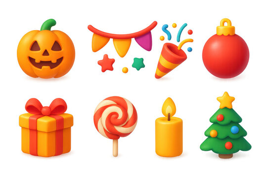 Festive icons illustration: halloween and christmas 3d designs for holiday decor