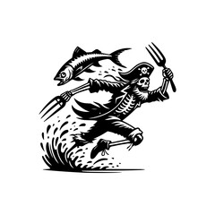Obraz premium A skeletal pirate, running with a fish and forks, amidst splashing water.