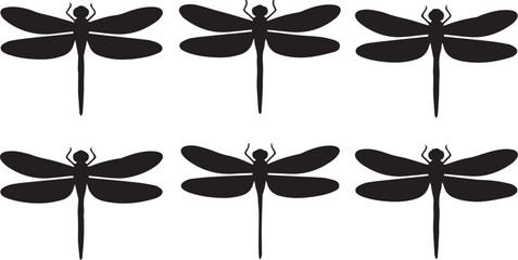 Six black dragonfly silhouettes arranged in two rows isolated on white background