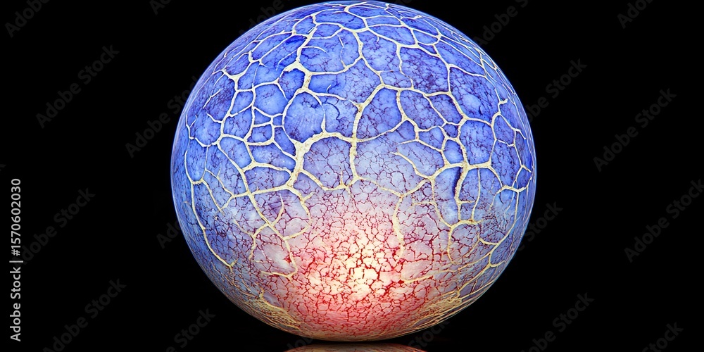 Poster illuminated cracked sphere with intricate patterns on a stark background
